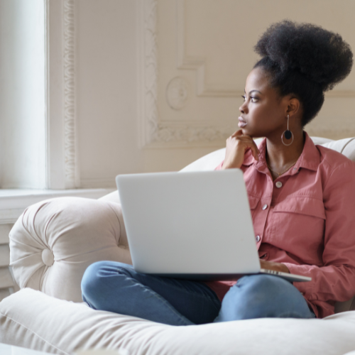 We're Here to Help Woman searching online "Am I Pregnant?"